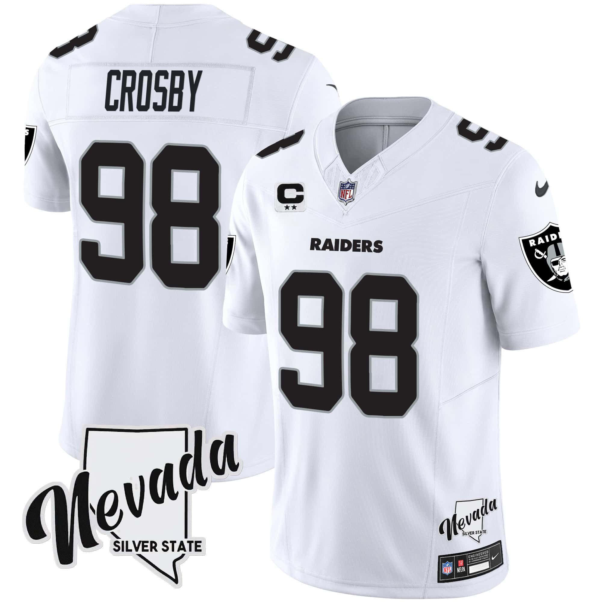 Men Oakland Raiders 98 Crosby White 2024 Nike Nevada Silver State Patch Vapor NFL Jersey